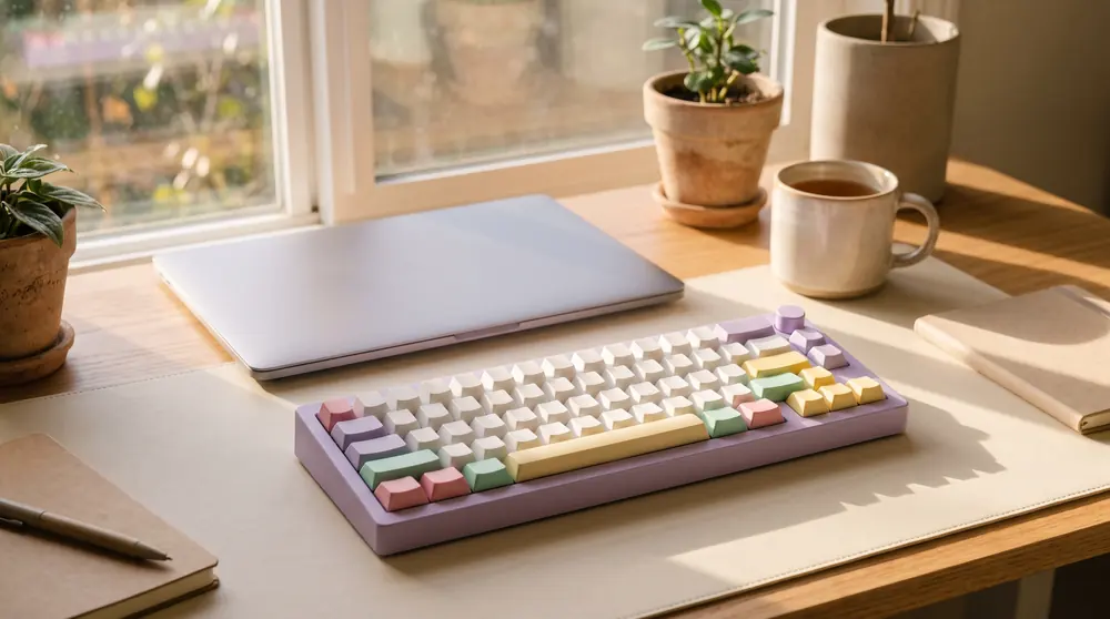 A pastel keyboard on a tidy desk by a window