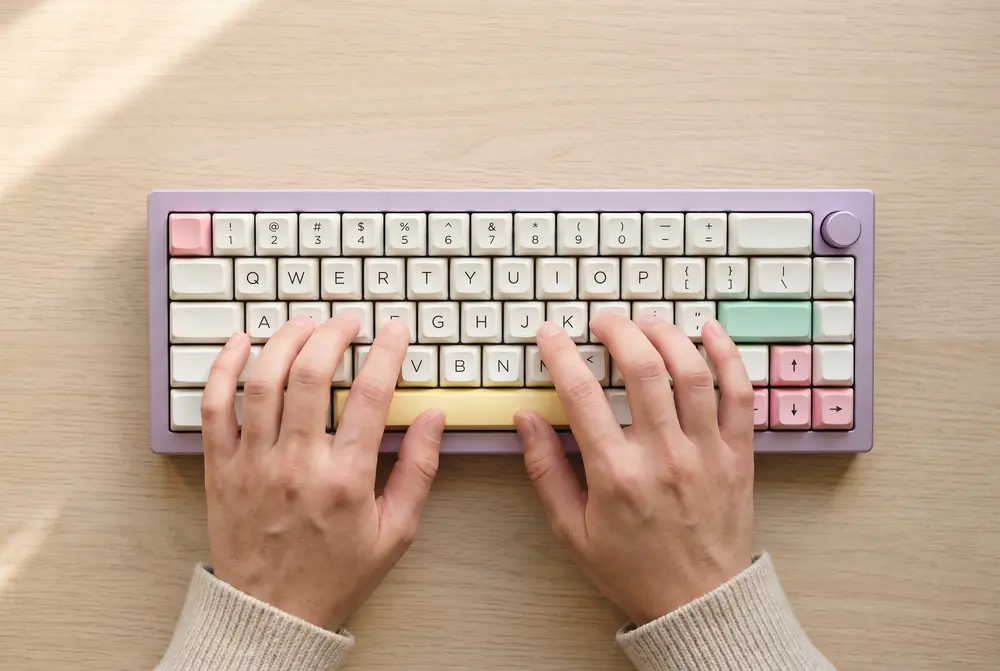 Two hands resting on the home row of a pastel keyboard